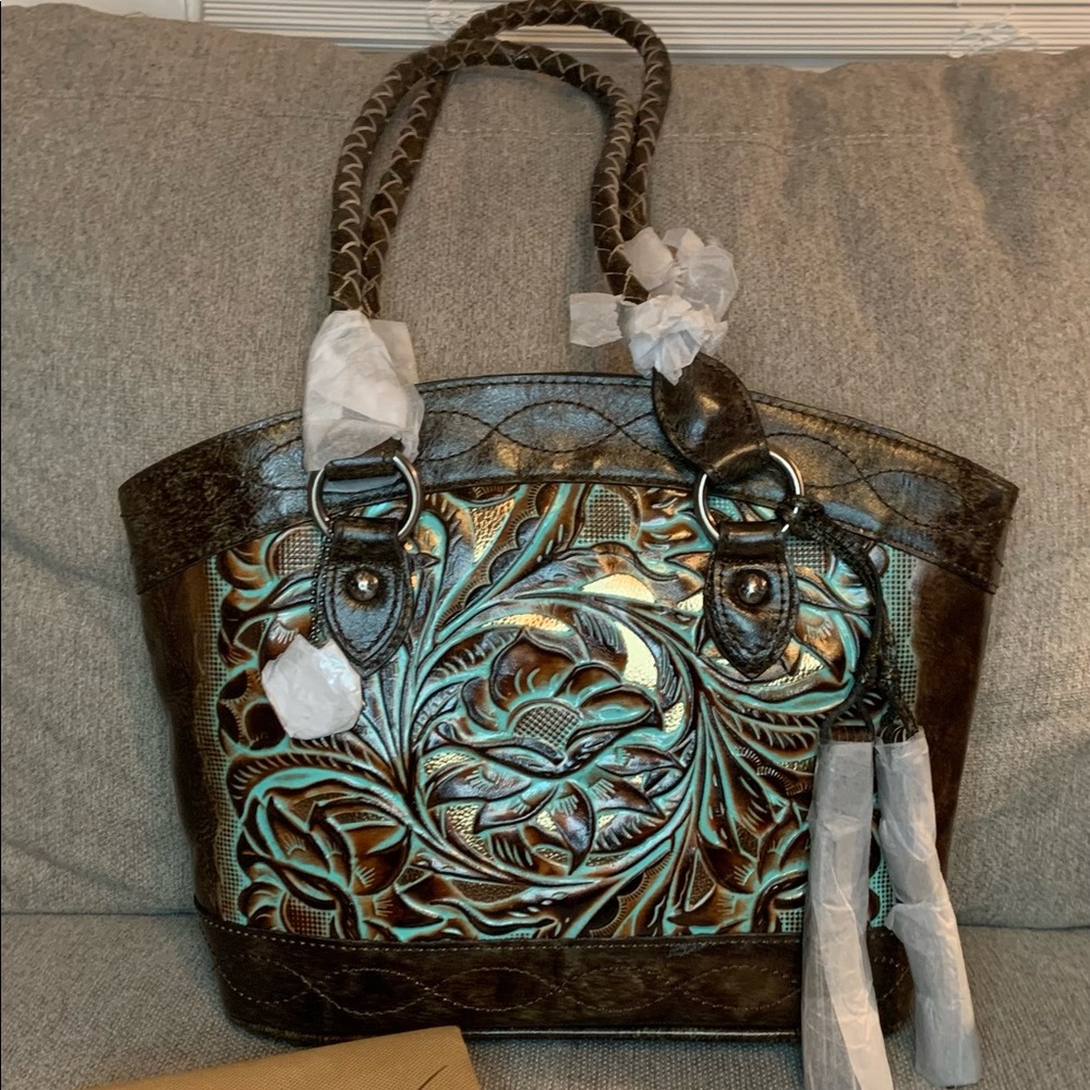 Patricia Nash Leather Cutout Tool Zorita Satchel-Turquoise